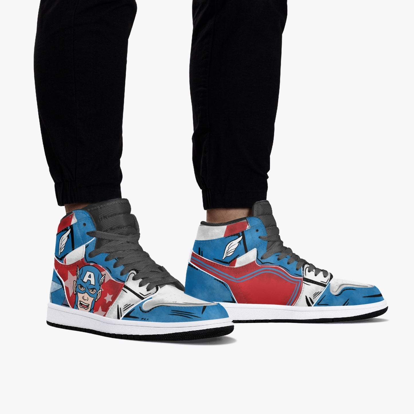 Captain America AJ1 Black High-Top Leather Sneakers