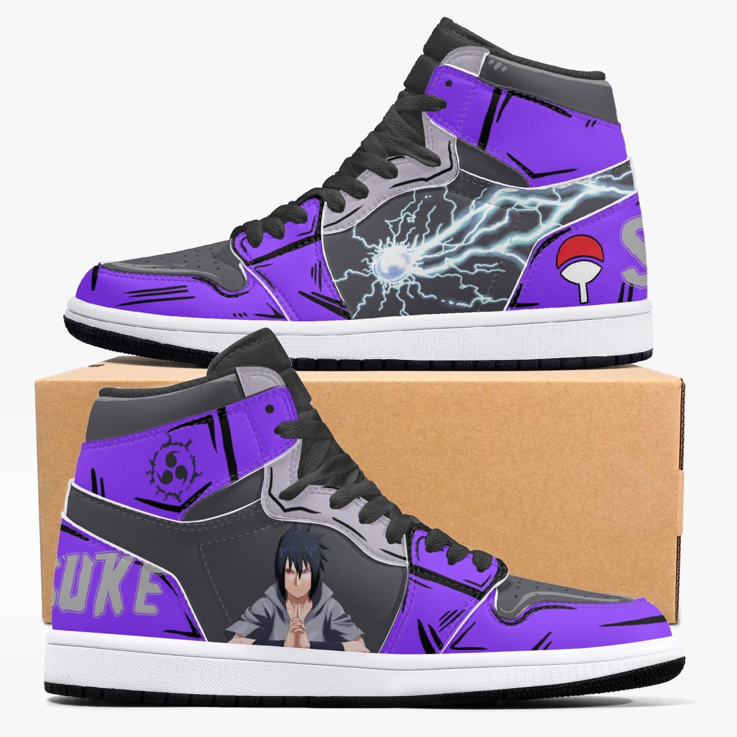 Naruto and Sasuke AJ1 Black High-Top Leather Sneakers