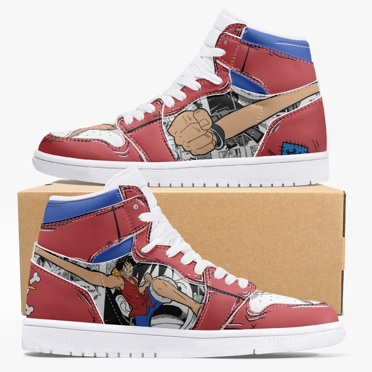 One Piece Luffy AJ1 High-Top Leather Sneakers - White