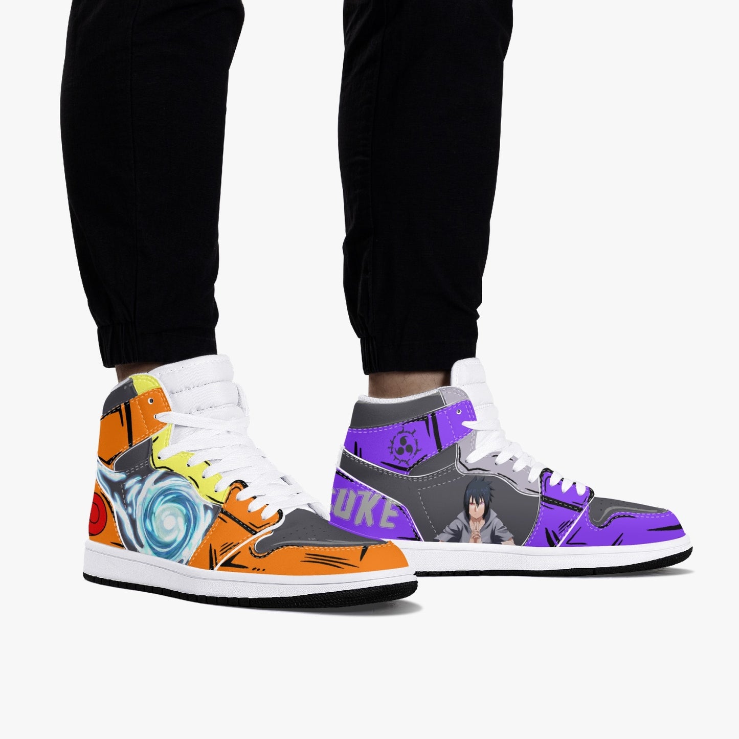 Naruto and Sasuke AJ1 Black High-Top Leather Sneakers