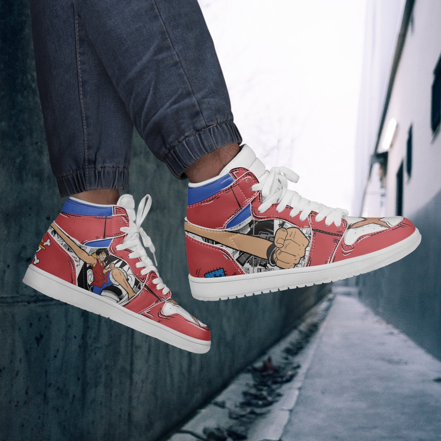 One Piece Luffy AJ1 High-Top Leather Sneakers - White