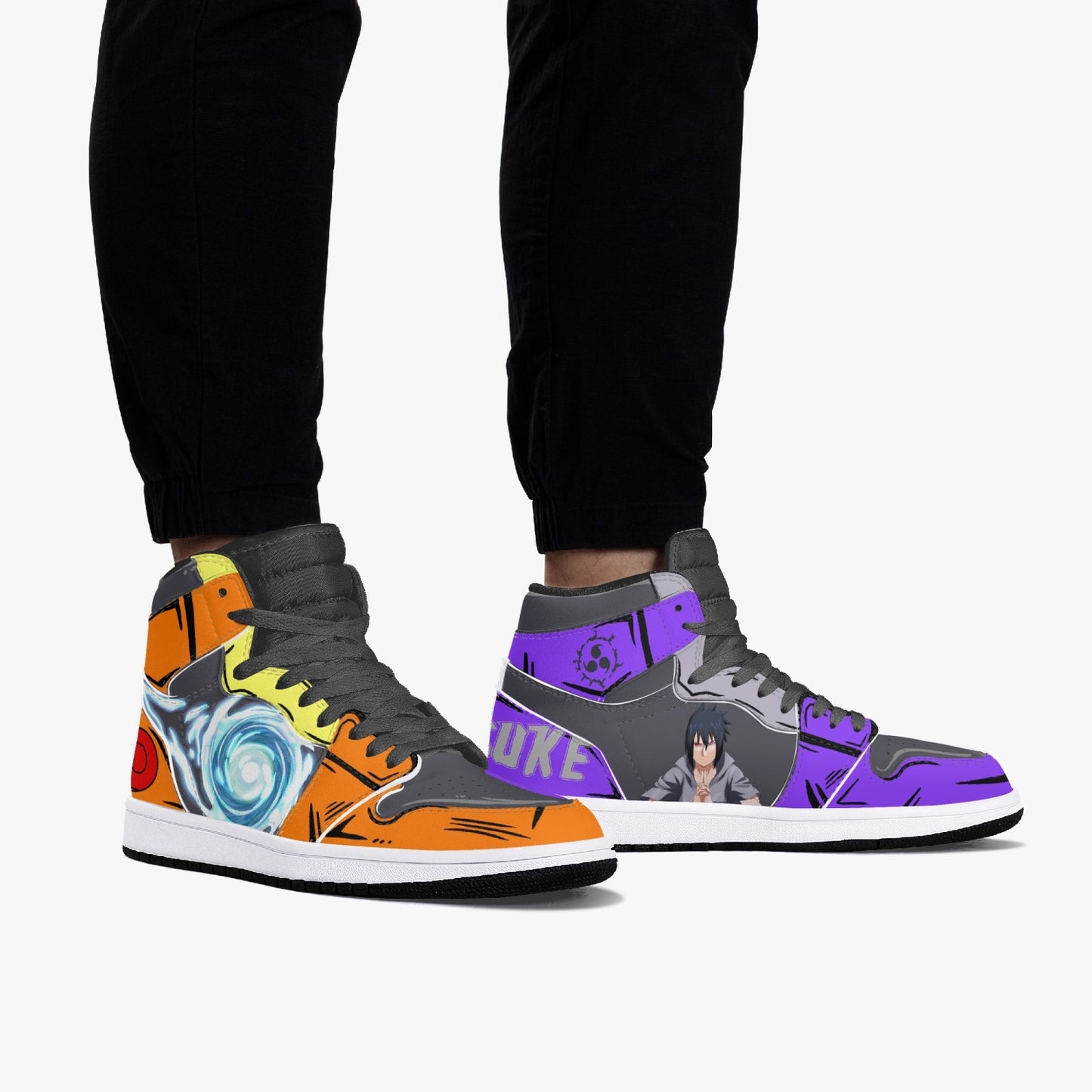 Naruto and Sasuke AJ1 Black High-Top Leather Sneakers